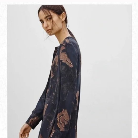 Aritzia Wilfred Silk Bossut Shirt Dress Burgandy Limited Edition in Floral XS - Picture 1 of 12